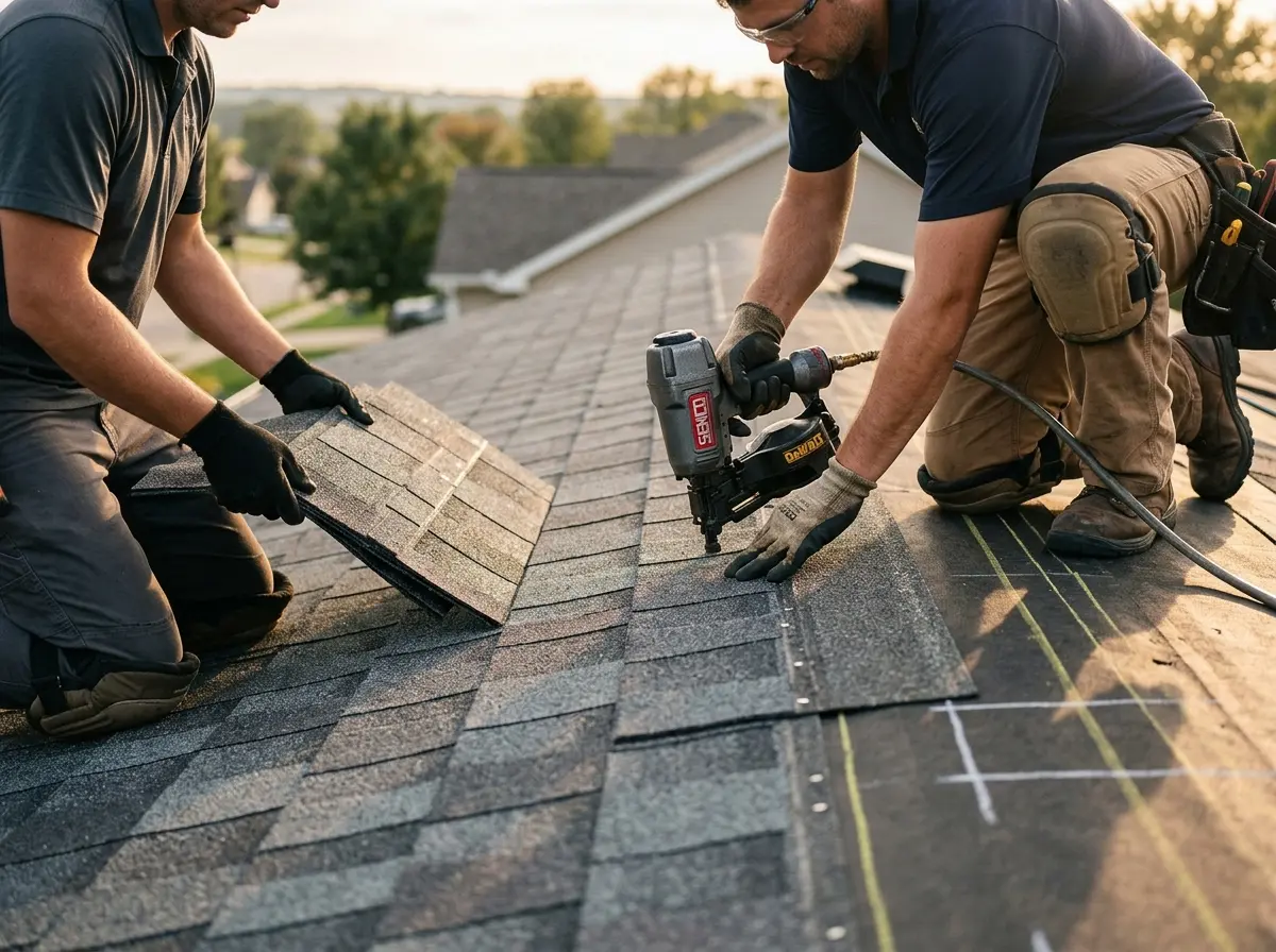 Professional roofer working on a residential roof in Latimer